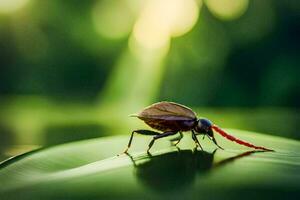 ein Käfer mit ein lange rot Schwanz Stehen auf ein Blatt. KI-generiert foto