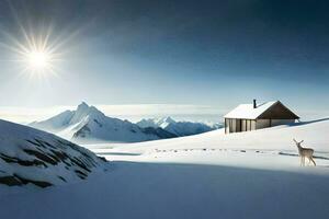 ein Hirsch steht im das Schnee in der Nähe von ein Kabine. KI-generiert foto