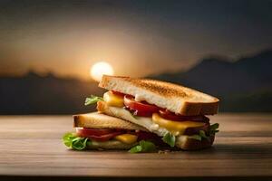 Sandwich mit Käse und Tomaten auf ein hölzern Tisch. KI-generiert foto