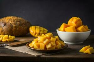 Mango Scheiben im ein Schüssel und ein Scheibe von Brot auf ein hölzern Tisch. KI-generiert foto