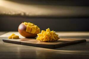 ein Mango auf ein Schneiden Tafel mit ein Messer. KI-generiert foto