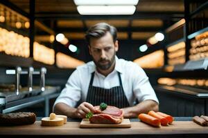 ein Mann ist Schneiden Fleisch auf ein Schneiden Tafel. KI-generiert foto