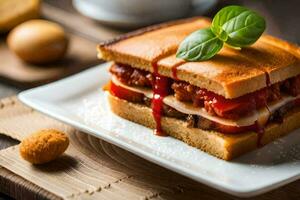 ein Sandwich mit Tomate, Käse und Basilikum auf ein Weiß Platte. KI-generiert foto