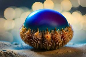 ein Blau Kugel Sitzung auf das Sand. KI-generiert foto