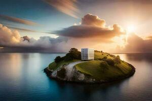 ein Insel mit ein Haus auf es im das Mitte von das Ozean. KI-generiert foto