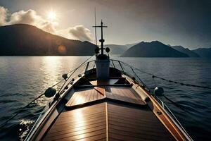 ein Boot auf das Wasser mit Berge im das Hintergrund. KI-generiert foto