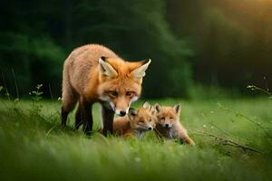 ein Fuchs und ihr zwei Jungen im das Gras. KI-generiert foto