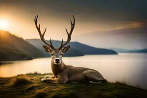 ein Hirsch ist Sitzung auf das Gras in der Nähe von ein See. KI-generiert foto