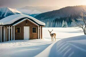 ein Hirsch steht im Vorderseite von ein Kabine im das Schnee. KI-generiert foto