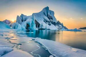 das Sonne setzt Über ein Eisberg im das Arktis. KI-generiert foto