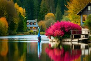 ein Haus auf das Wasser mit bunt Blumen. KI-generiert foto