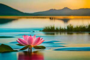 ein Rosa Lotus Blume im das Wasser beim Sonnenuntergang. KI-generiert foto