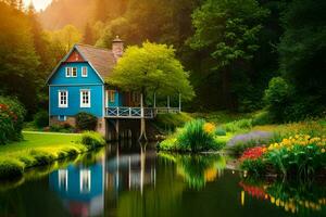 ein Blau Haus sitzt auf ein klein Teich umgeben durch Blumen. KI-generiert foto