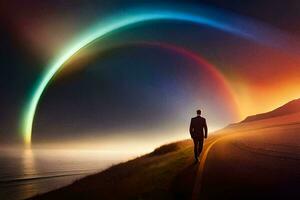 ein Mann Spaziergänge entlang das Straße mit ein Regenbogen im das Himmel. KI-generiert foto
