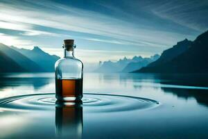 ein Flasche von Whiskey im das Mitte von ein See. KI-generiert foto