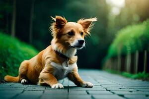 ein Hund Sitzung auf das Boden im ein Park. KI-generiert foto