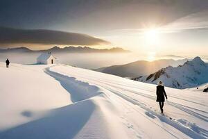 zwei Menschen Gehen auf Schnee bedeckt Berge. KI-generiert foto