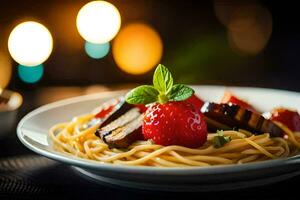 ein Teller von Spaghetti mit Erdbeeren und ein Glas von Wein. KI-generiert foto