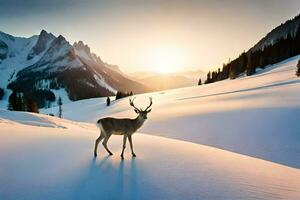 ein Hirsch steht im das Schnee beim Sonnenuntergang. KI-generiert foto