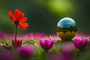 ein glänzend Ball im das Mitte von ein Feld von Blumen. KI-generiert foto