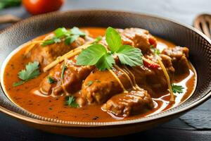 Hähnchen Curry im ein Schüssel mit Garnierung. KI-generiert foto