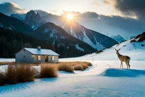 ein Hirsch steht im Vorderseite von ein Kabine im das Schnee. KI-generiert foto