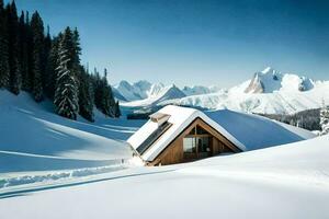 ein Kabine im das Schnee mit Berge im das Hintergrund. KI-generiert foto