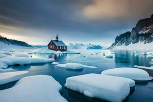 ein rot Kirche sitzt auf Eis im das Mitte von ein See. KI-generiert foto