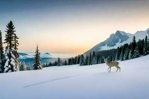 ein Hirsch steht im das Schnee beim Sonnenuntergang. KI-generiert foto