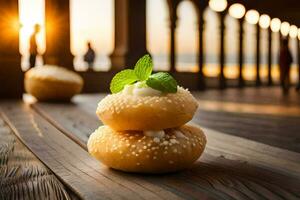 ein Stapel von Donuts mit Minze Blätter auf oben. KI-generiert foto