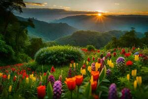 das Sonne steigt an Über ein Feld von bunt Blumen. KI-generiert foto