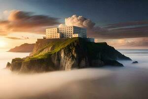 ein Weiß Gebäude auf oben von ein Berg umgeben durch Wolken. KI-generiert foto