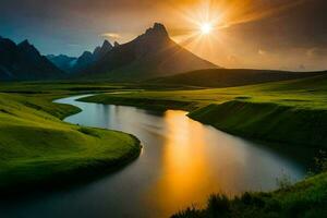 das Sonne steigt an Über das Berge und Fluss im diese schön Landschaft. KI-generiert foto