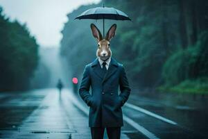 ein Hase tragen ein passen und halten ein Regenschirm. KI-generiert foto