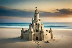 ein Sand Schloss auf das Strand beim Sonnenuntergang. KI-generiert foto