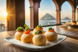 Essen auf ein Teller mit ein Aussicht von das Ozean. KI-generiert foto