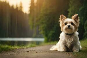 ein klein Weiß Hund Sitzung auf das Seite von ein Straße. KI-generiert foto