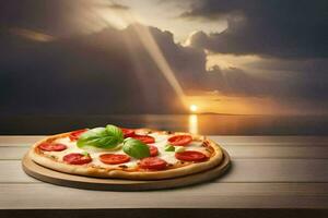 Pizza auf ein hölzern Tabelle mit Sonnenuntergang im das Hintergrund. KI-generiert foto