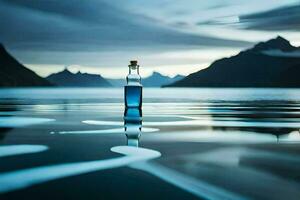 ein Flasche von Wasser Sitzung auf das Wasser im Vorderseite von Berge. KI-generiert foto