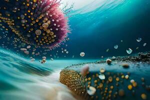 ein Meer Anemone und andere Meer Kreaturen sind schwebend im das Ozean. KI-generiert foto