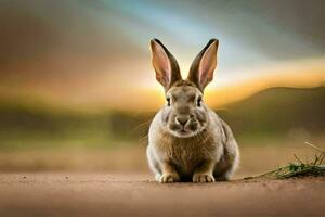 ein Hase Sitzung auf das Boden im Vorderseite von ein Sonnenuntergang. KI-generiert foto