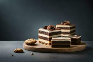 drei Stücke von Schokolade Kuchen auf ein hölzern Tafel. KI-generiert foto