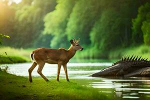 ein Hirsch und Krokodil Stehen Nächster zu ein Fluss. KI-generiert foto