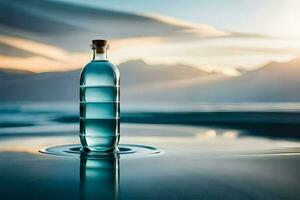 ein Flasche von Wasser Sitzung auf das Wasser mit Berge im das Hintergrund. KI-generiert foto