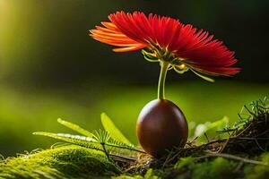 ein rot Blume ist wachsend von ein Ei. KI-generiert foto