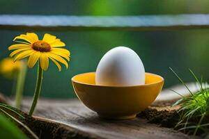 ein Gelb Ei im ein Schüssel mit ein Blume. KI-generiert foto