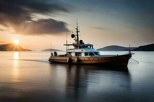 ein Boot ist Segeln im das Ozean beim Sonnenuntergang. KI-generiert foto