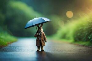 ein klein Hase ist Stehen auf das Straße mit ein Regenschirm. KI-generiert foto