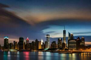 das Stadt Horizont beim Nacht mit Wolken und Beleuchtung. KI-generiert foto