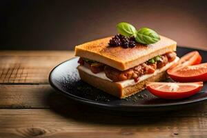 ein Sandwich mit Tomate und Käse auf ein schwarz Platte. KI-generiert foto